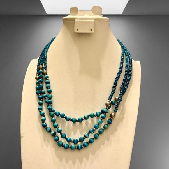 Tribal Triple Blue Beaded Strand Necklace - Picture 4 of 9